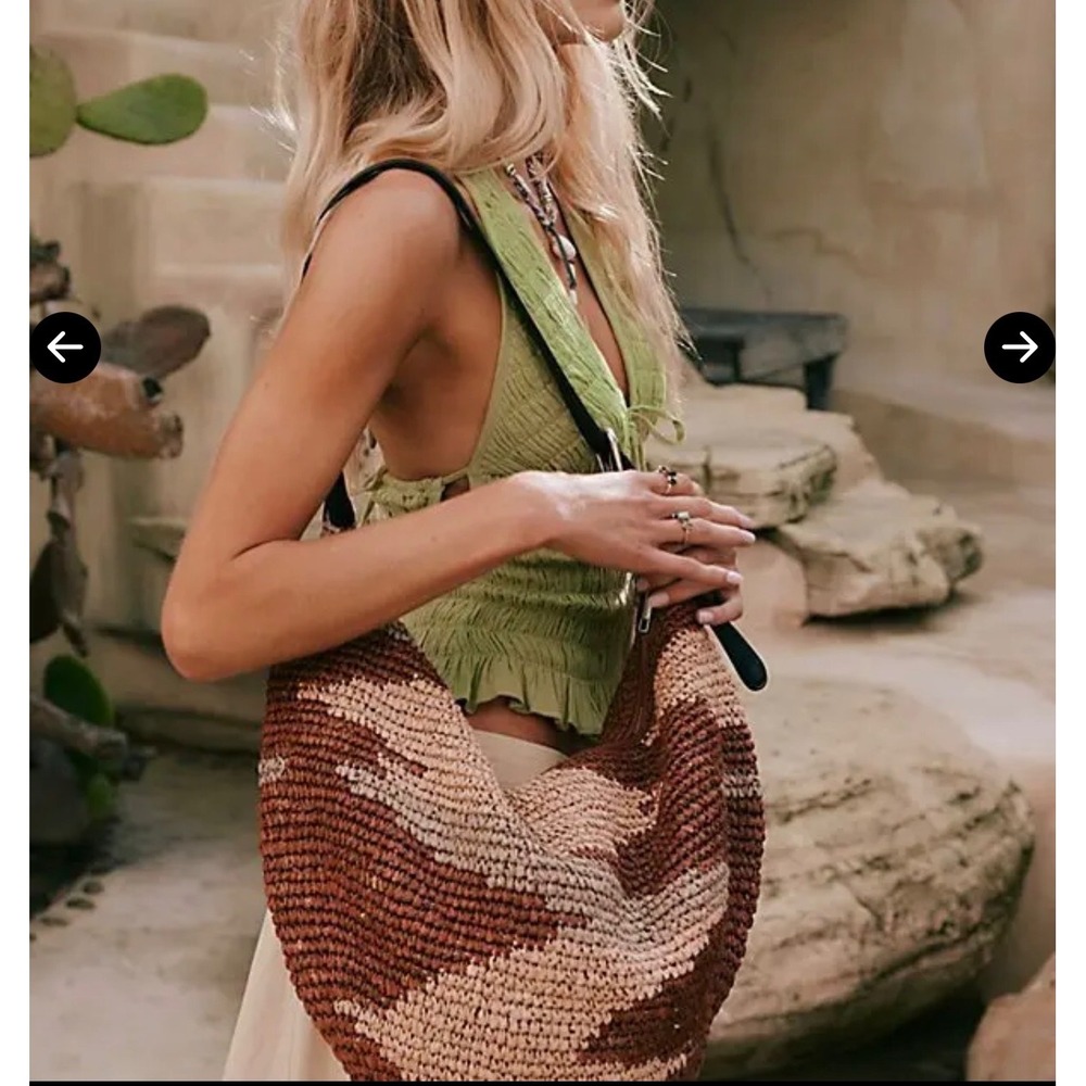 Free People Santorini Straw Tote Bag Neutral Mix Woven Raffia Hobo OB2221606 NEW - Picture 3 of 9